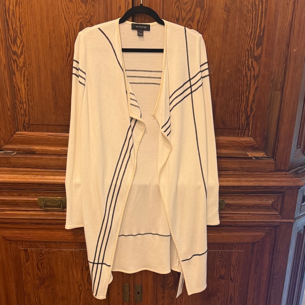 St. John Cardigan S Cream/White Black Trim Open Front Lightweight Knit